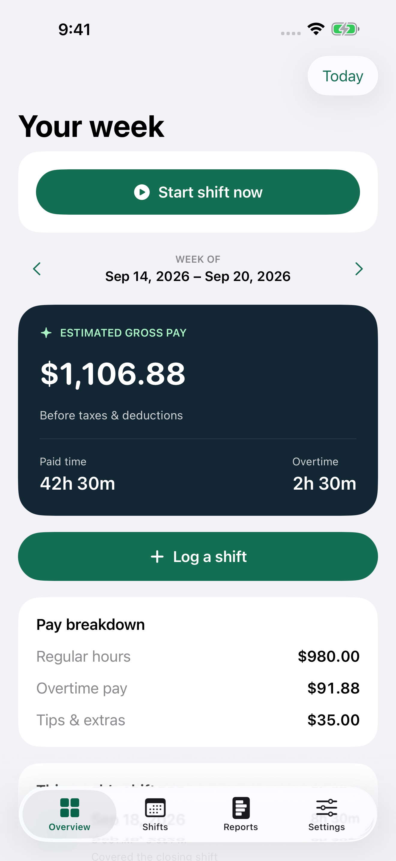 Weekly overview with example hours and estimated gross pay