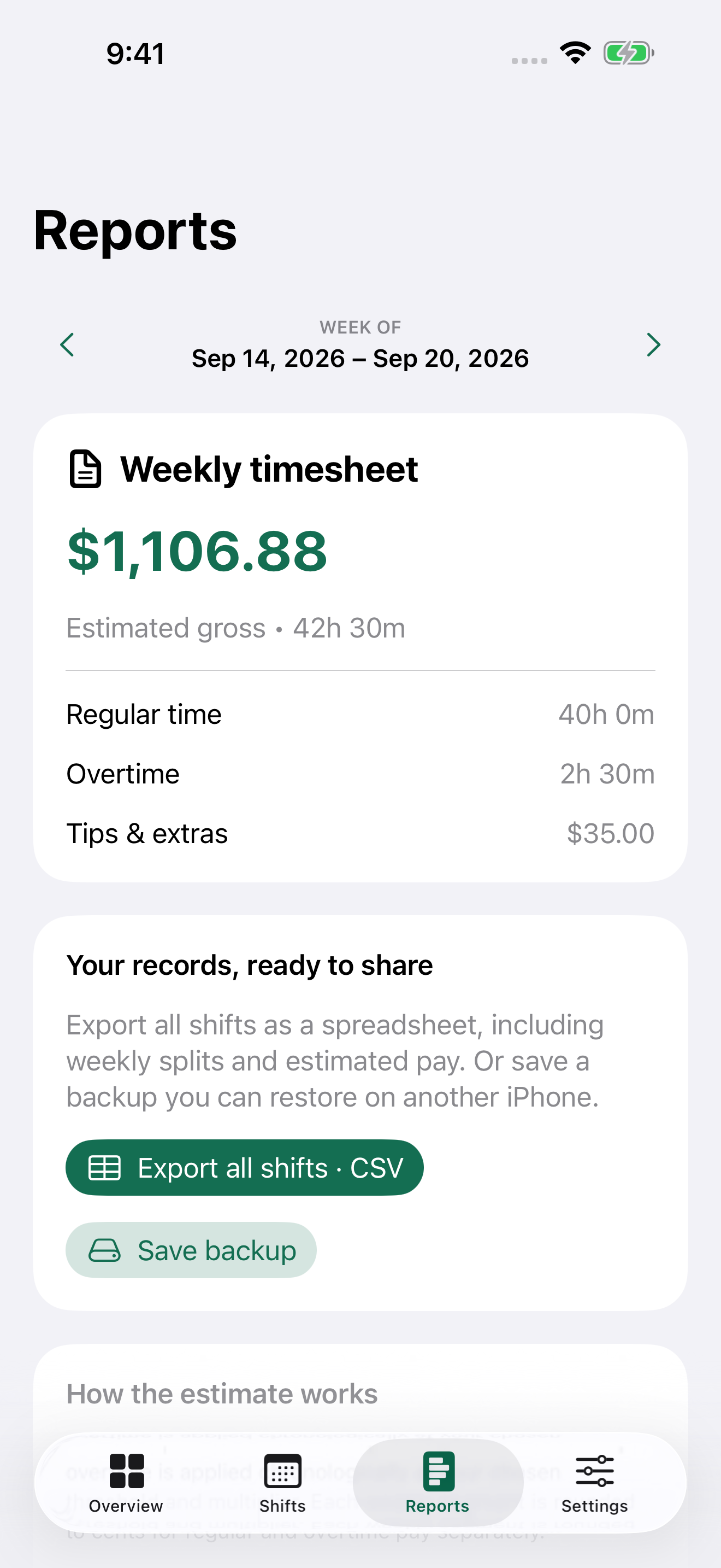 Reports and export options
