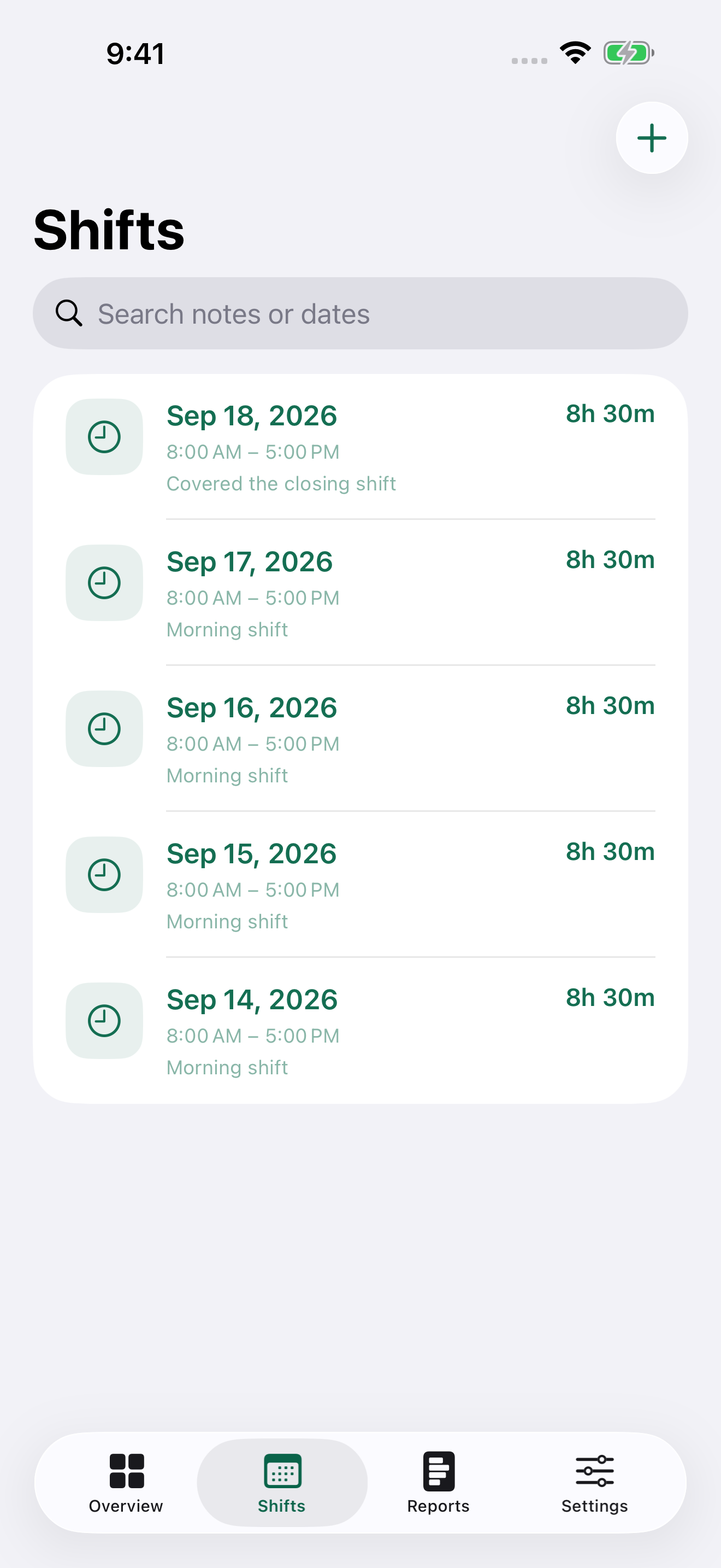 Shift history with example records